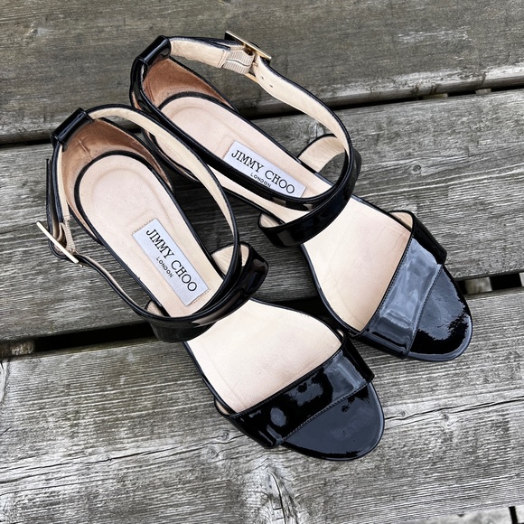 Jimmy Choo Patent-Leather Low Wedge Sandals - Picture 2 of 11